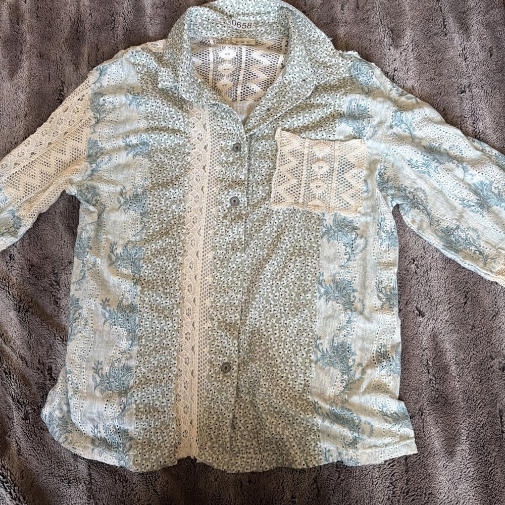 POL Patchwork Lace Blue Green Button Up Shirt Top… - image 3